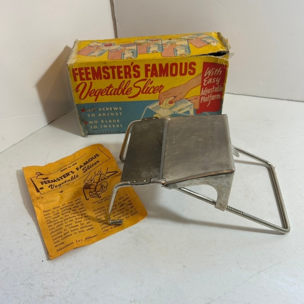 Vintage Feemsters Famous Vegetable Slicer Adjustable Metal Mandoline with Box
